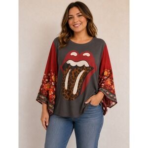 Rolling Stones Upcycled OOAK Floral Kimono Sleeve Boho Top Festival Concert O/S